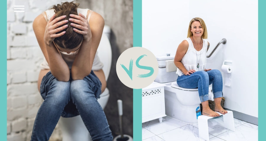 The worst habit for your gut health and bathroom habits. Sitting normally on a toilet vs using a proppr toilet foot stool